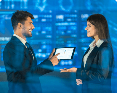 man-woman-with-tablet-discuss-virtual-screen