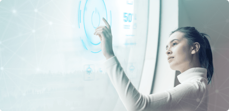 woman-touching-power-button-virtual-screen-smart-home-technology